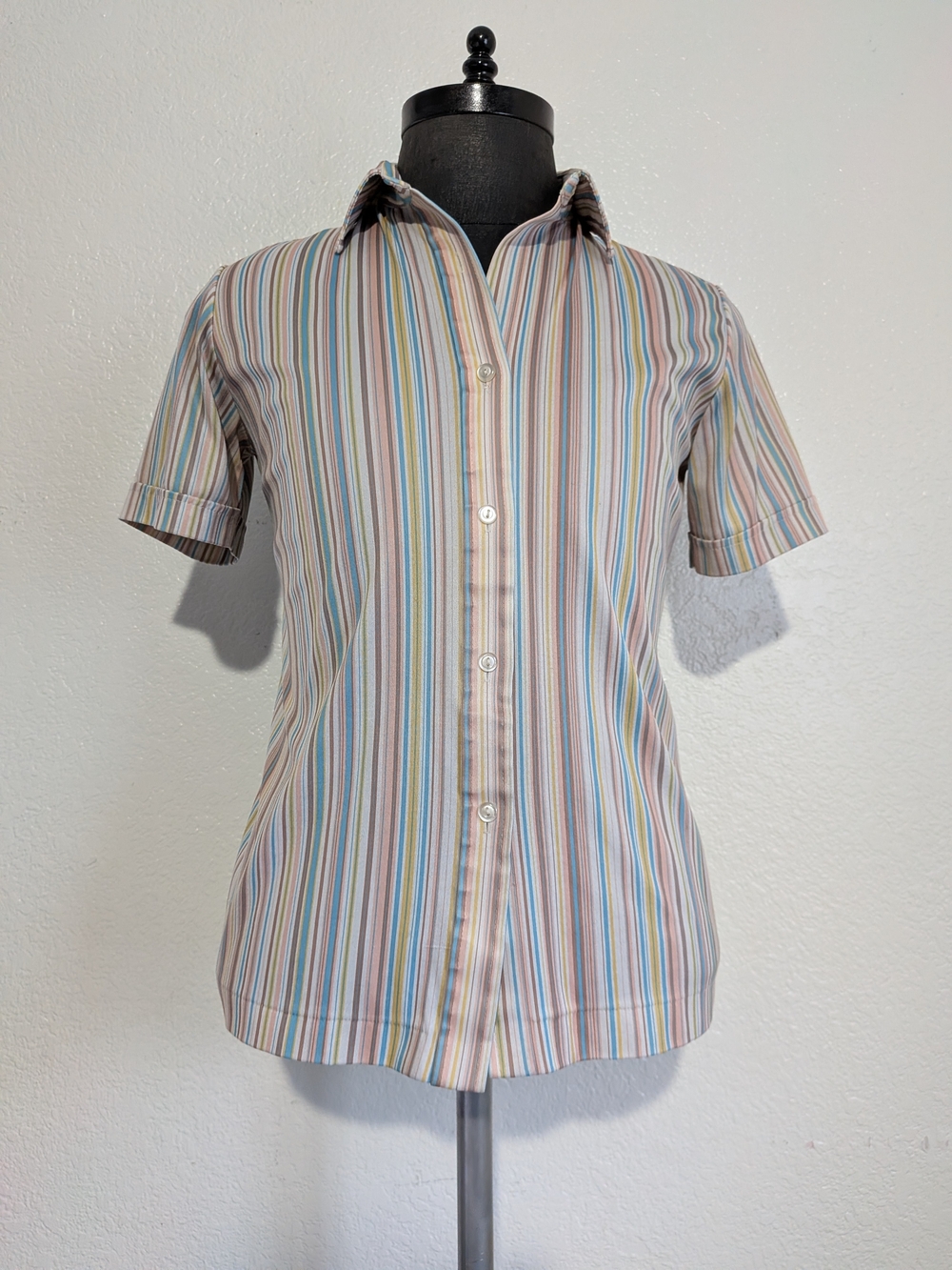 Vintage 70s Poly Short Sleeve Multicolor Stripe Button Up Shirt. No Size Tag
